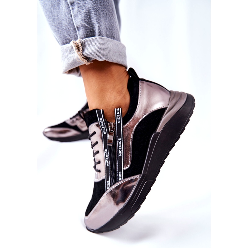 POTOCKI Pantofi sport din piele metalic negru și argintiu 1