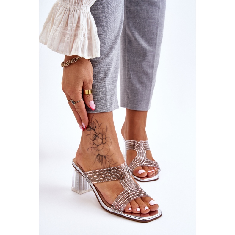 S.Barski Sandale Jaxen Argintii Cu Toc Cu Strasuri 1