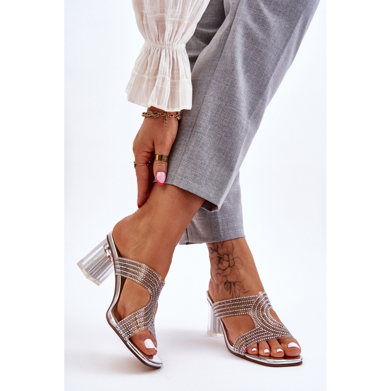 S.Barski Sandale Jaxen Argintii Cu Toc Cu Strasuri 2