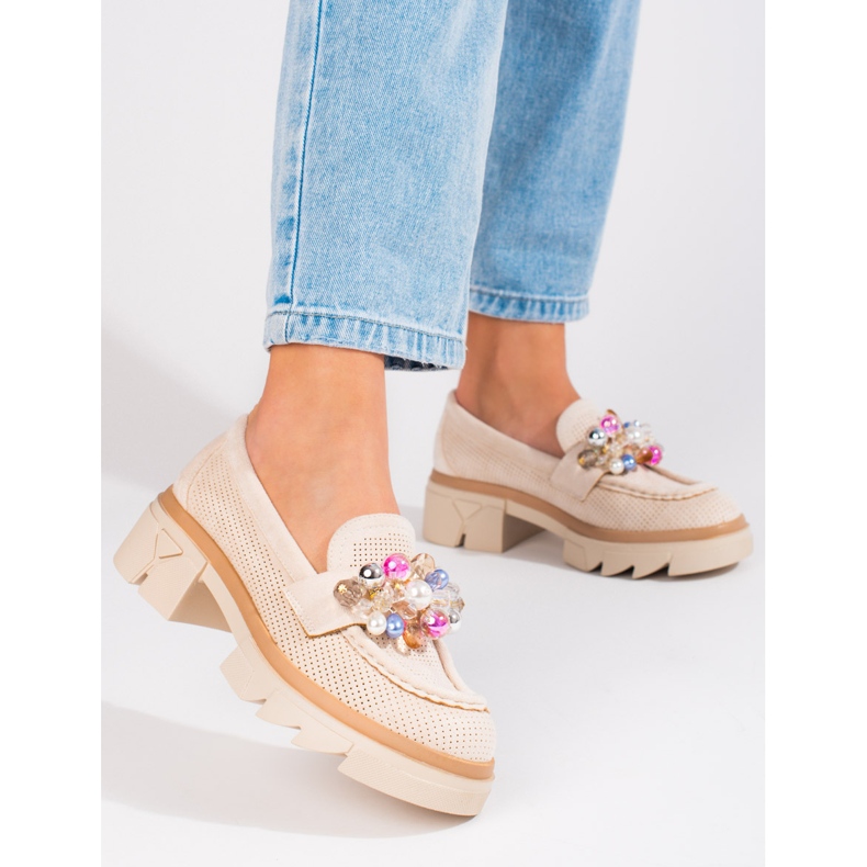 Seastar Mocasini de dama din piele intoarsa Shelovet cu cristale bej 1