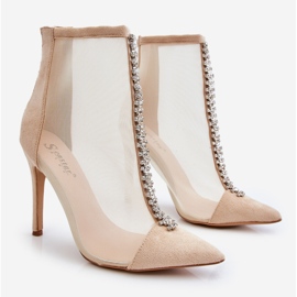 Cizme de damă la modă cu toc înalt cu plasă bej Rummi 1