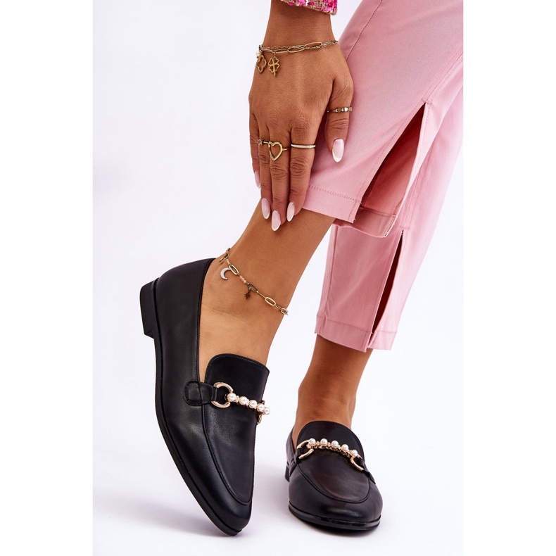 PG1 Mocasini de dama din piele cu perle decorative negru Ishan 1