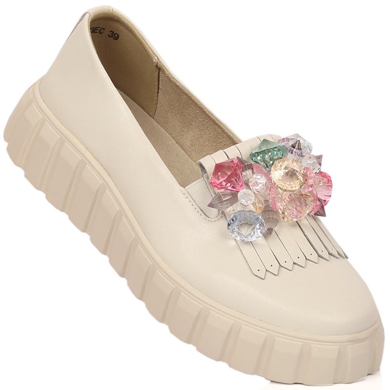 Pantofi de dama din piele pe platforma cu pietre decorative Filippo DP4593/23 ecru 1