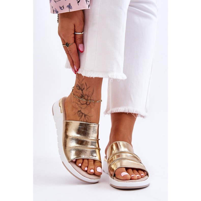 S.Barski Papuci de piele de damă pe pană joasă Leona Aur de aur 1