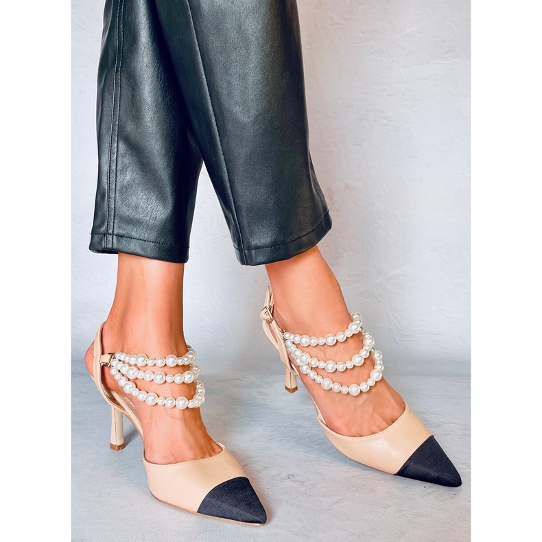 BM Pompe cu toc deschis cu perle Harmony Beige bej 1