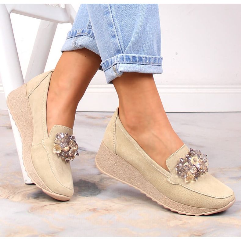 Mocasini de dama din piele pe pana cu cristale Filippo bej DP4563/23 1