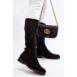 S.Barski Cizme peste genunchi ajurate din piele intoarsa de dama Black Savannah negru 2