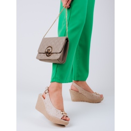 Sandale cu pană Shelovet de damă din piele intoarsa bej 1