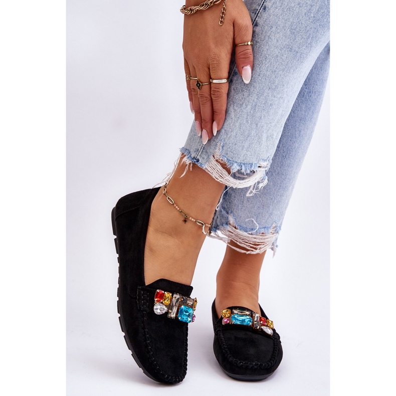 Mocasini de dama din piele intoarsa cu cristale negru Lucille 1