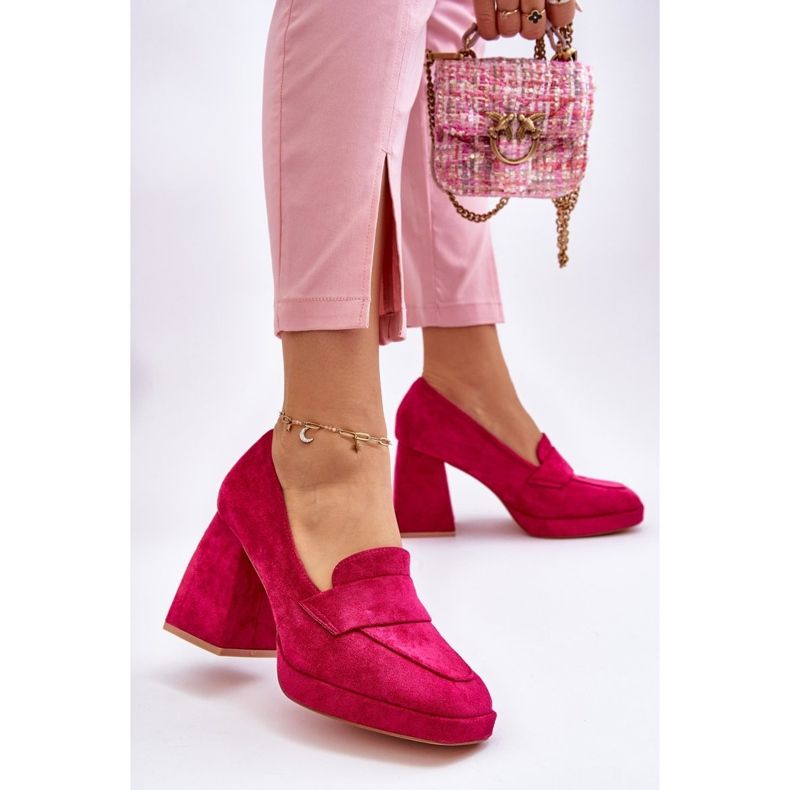 Vinceza Pumps Adriel din piele intoarsa fucsia, cu tocuri si platforma roz 2