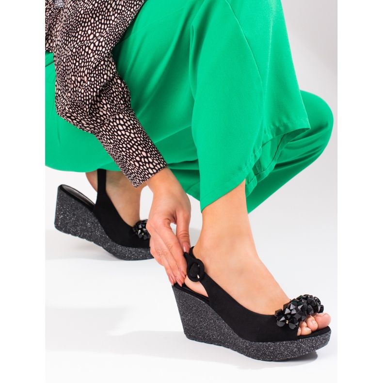 Sandale cu pană de piele Shelovet de damă, negre negru 2