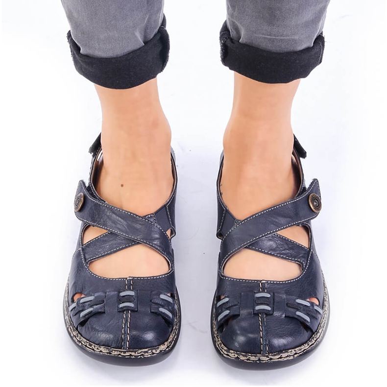 Sandale de dama confortabile din piele cu velcro bleumarin Rieker 46377-14 albastru 1