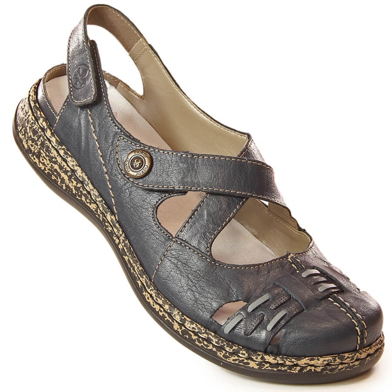 Sandale de dama confortabile din piele cu velcro bleumarin Rieker 46377-14 albastru 2