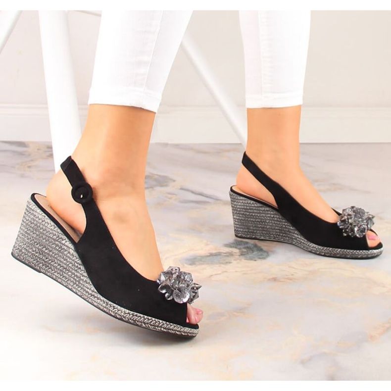 Sandale cu pană din piele intoarsa cu cristale Potocki W WOL137A negru 2