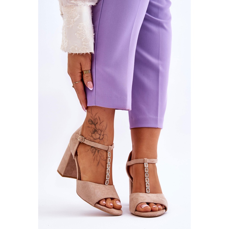 Vinceza Sandale Aniya Bej De piele intoarsa cu toc inalt, cu strasuri maro 1