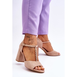 Vinceza Sandale Aniya Bej De piele intoarsa cu toc inalt, cu strasuri maro 2