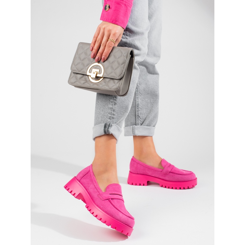 Mocasini de dama pe platforma Shelovet piele intoarsa roz 1