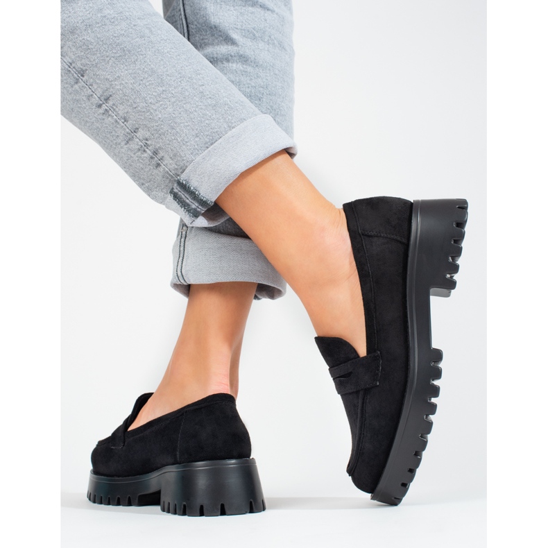 Mocasini cu platforma de dama Shelovet piele intoarsa neagra negru 2