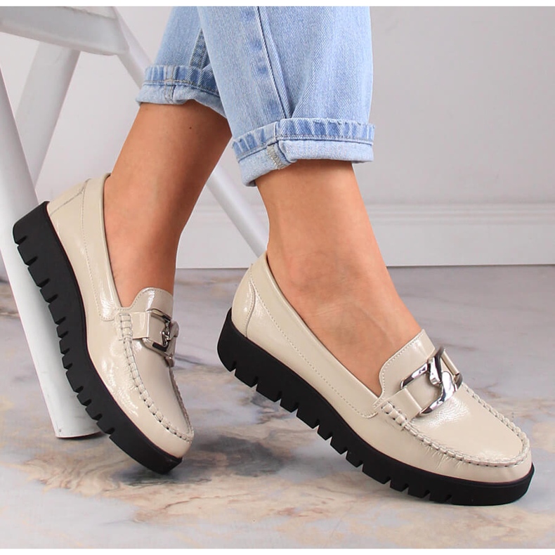 Mocasini de dama bej lacuiti pe platforma Sergio Leone MK757 1