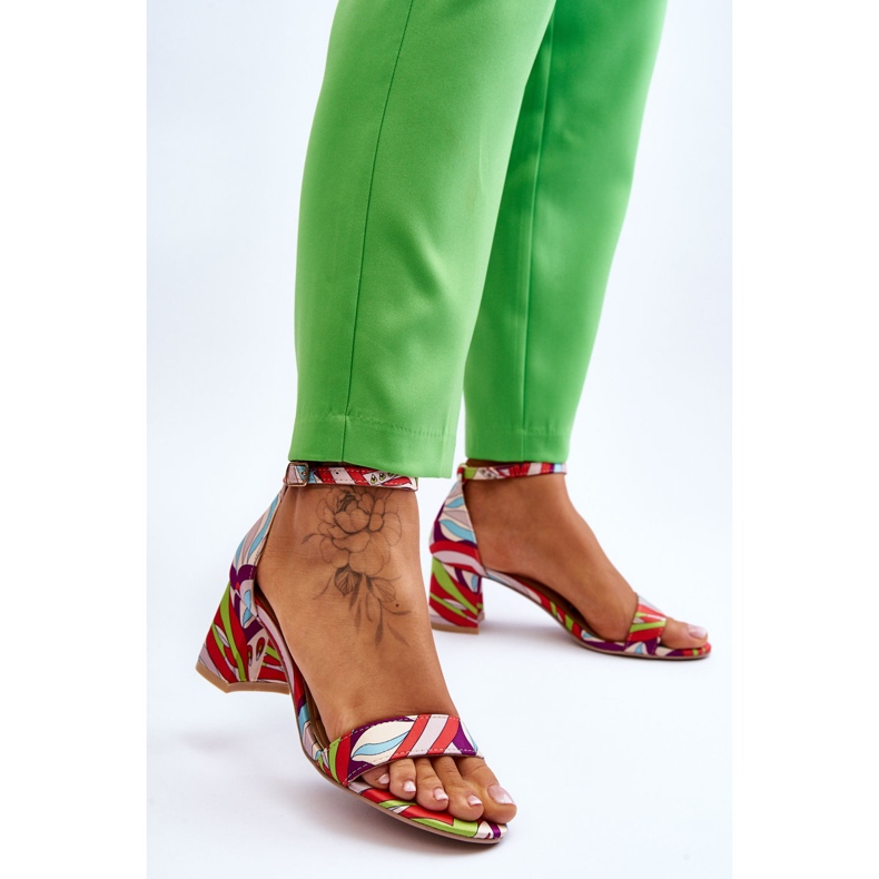 FB1 Sandale din satin cu toc mic cu model bej și albastru Quincy maro 2