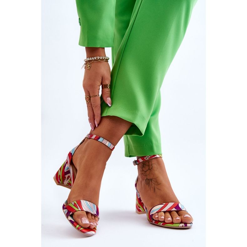 FB1 Sandale din satin cu toc mic cu model bej și albastru Quincy maro 1