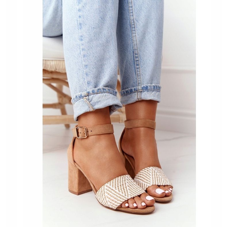 EVE Sandale de lună de miere maro deschis cu împletit pe o bară bej 4