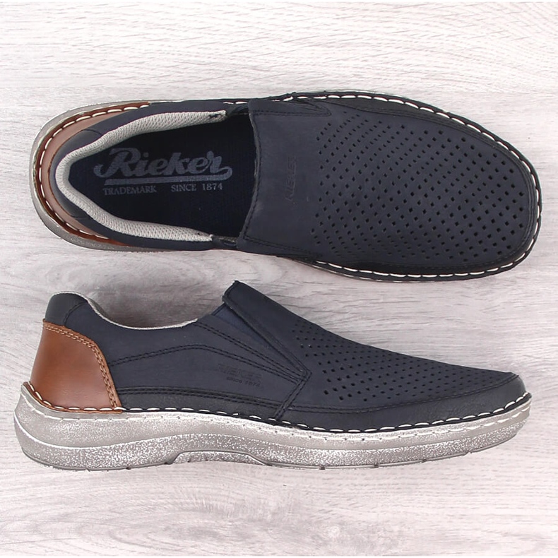 Pantofi slip-on ajurati, confortabili, pentru bărbați Rieker 03079-14 albastru 1