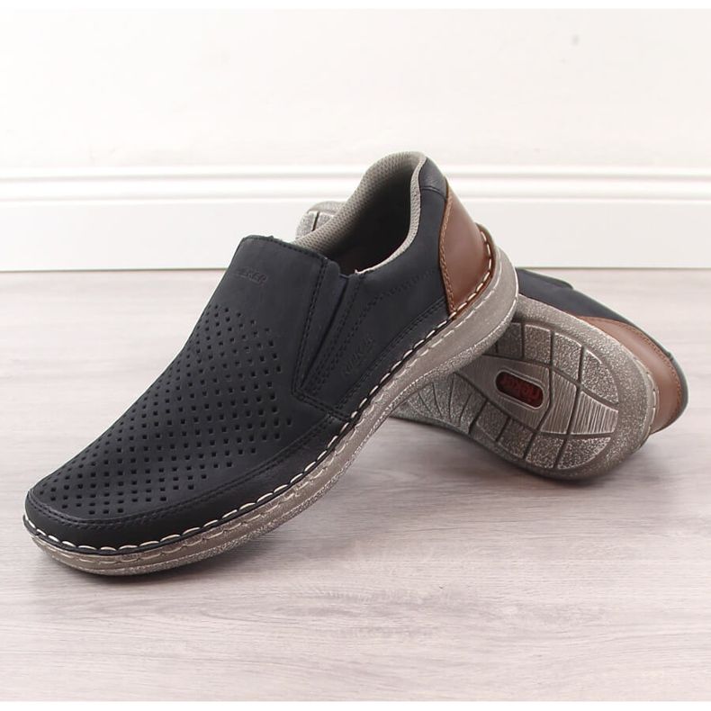 Pantofi slip-on ajurati, confortabili, pentru bărbați Rieker 03079-14 albastru 2