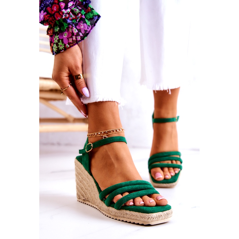 FJ1 Sandale cu pană Louisiana din piele intoarsa verde 2