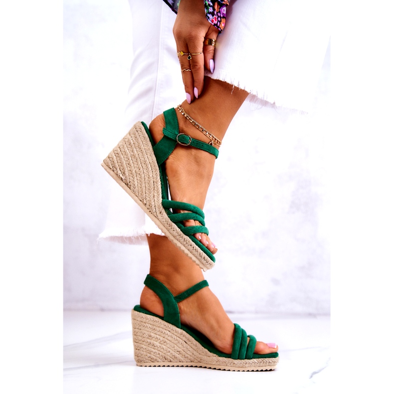 FJ1 Sandale cu pană Louisiana din piele intoarsa verde 3