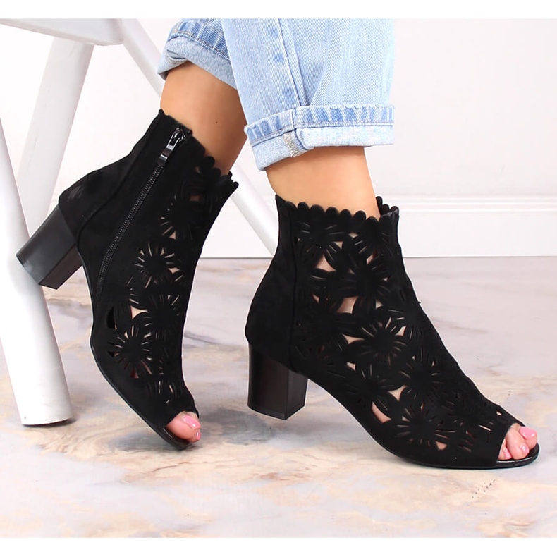 M. DASZYŃSKI Cizme ajurate de primăvară pentru femei peep toe negre M.Daszyński MR1954-10 negru 1