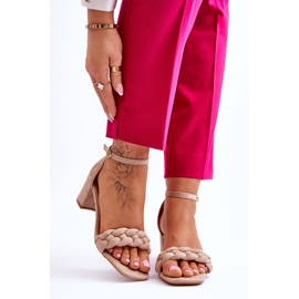 FB2 Sandale De piele intoarsa cu toc inalt cu impletituri decorative de azela bej maro 1