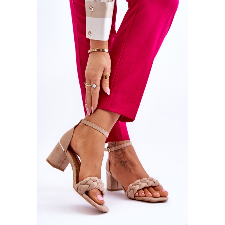 FB2 Sandale De piele intoarsa cu toc inalt cu impletituri decorative de azela bej maro 2