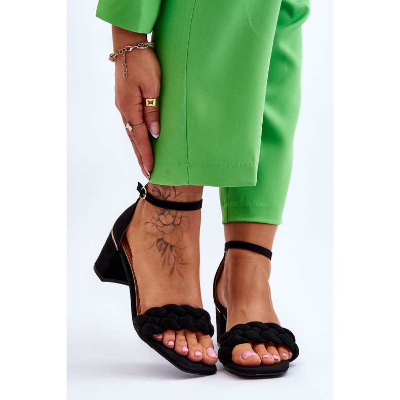 FB2 Sandale din piele intoarsa cu toc inalt, cu impletituri Azela Negru Ornat 1