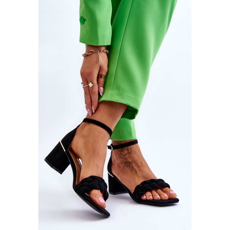 FB2 Sandale din piele intoarsa cu toc inalt, cu impletituri Azela Negru Ornat 2