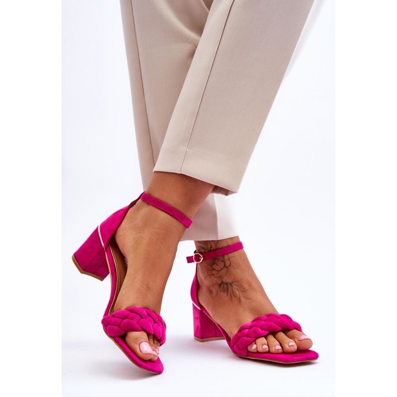 FB2 Sandale din piele intoarsa cu toc inalt cu impletituri decorative fucsia azela roz 2