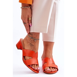 FJ1 Papuci clasici portocalii din piele cu toc mic Miley portocale 1
