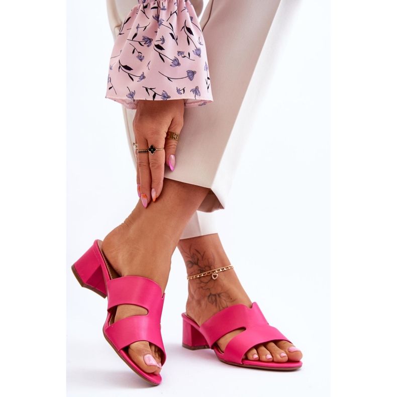 FJ1 Flip-flops clasici din piele cu toc mic Miley fucsia roz 2