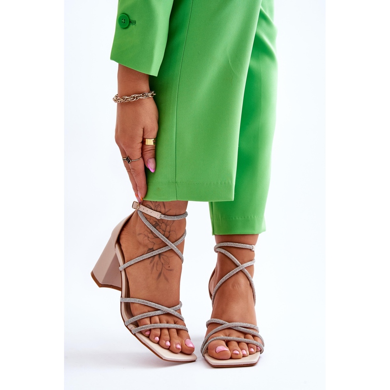 FJ1 Sandale Damă Piele Cu Toc Zirconiu Bej Liviano maro 1