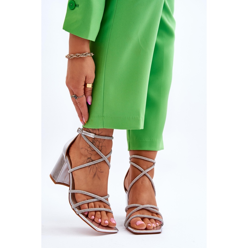 FJ1 Sandale Damă Piele Cu Toc Argintiu Zirconiu Liviano 1