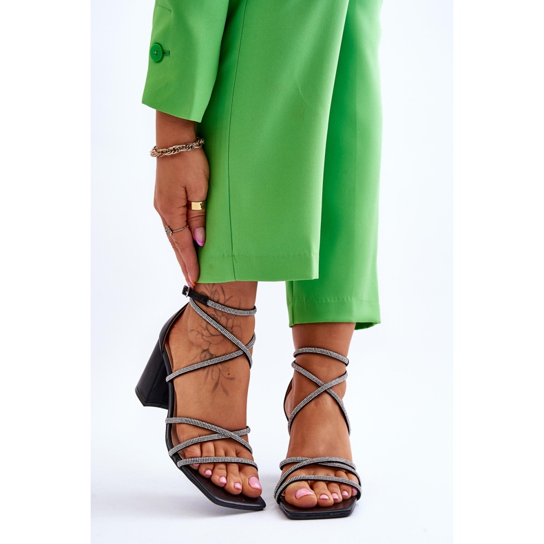 FJ1 Sandale De Damă Piele Cu Cubic Zirconia Toc Înalt Negru Liviano 1