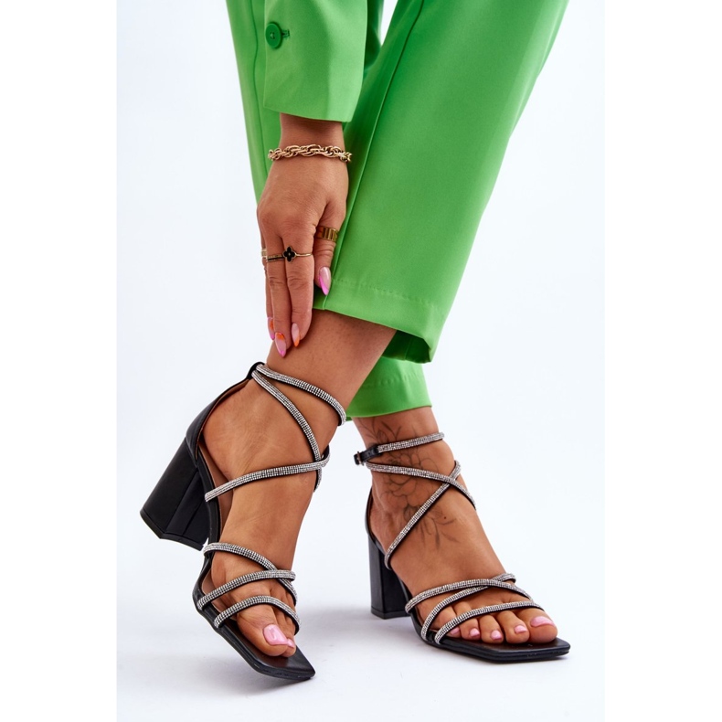 FJ1 Sandale De Damă Piele Cu Cubic Zirconia Toc Înalt Negru Liviano 2