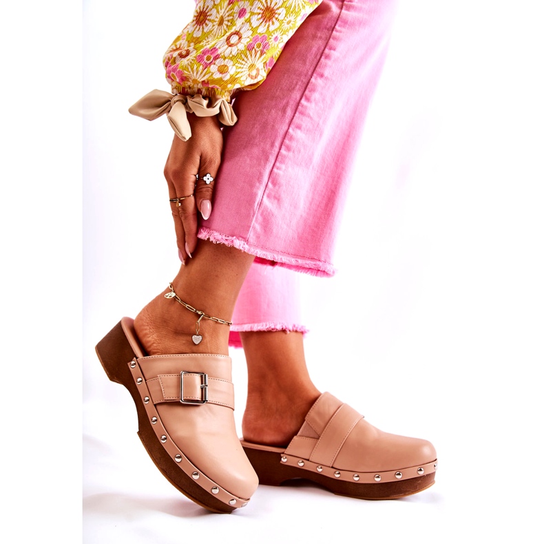 Saboți de damă bej cu toc înalt cu strasuri 4