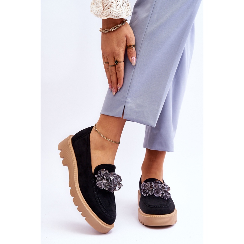 Vinceza Mocasini la moda din piele intoarsa cu cristale Demeris negre negru 1