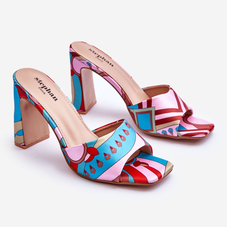 FS1 Papuci de damă cu toc cu model albastru Adelise bej roșu roz 1