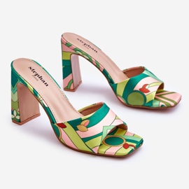 Papuci de damă cu toc cu model, verde Adelise multicolor 1