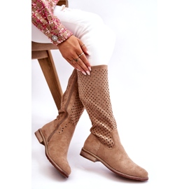 S.Barski Cizme peste genunchi ajurate din piele intoarsa de dama Bej Savannah 4