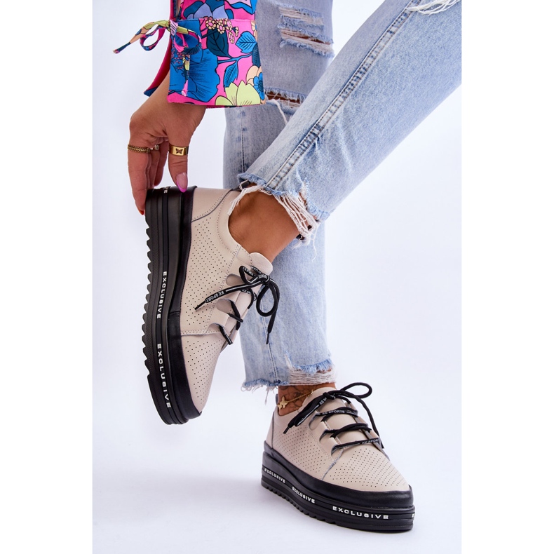 S.Barski Pantofi Sport Ajurat din Piele Bej Leonor 2