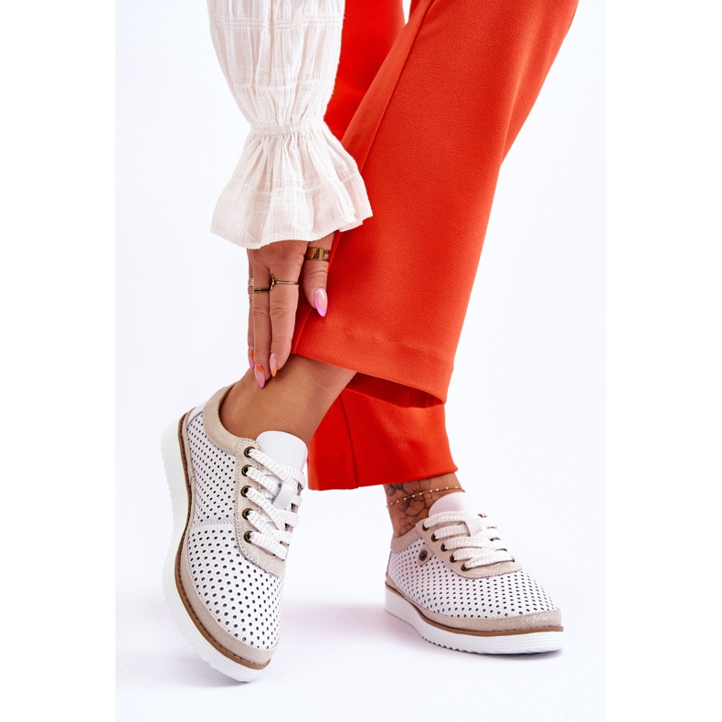 S.Barski Pantofi sport ajurat din piele la modă Cantare alb și auriu 2