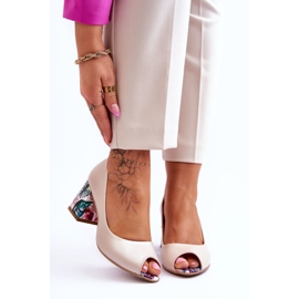 Lewski Shoes Pompi din piele cu toc decorativ Pantofi Leski 2608/K Bej perlat 1